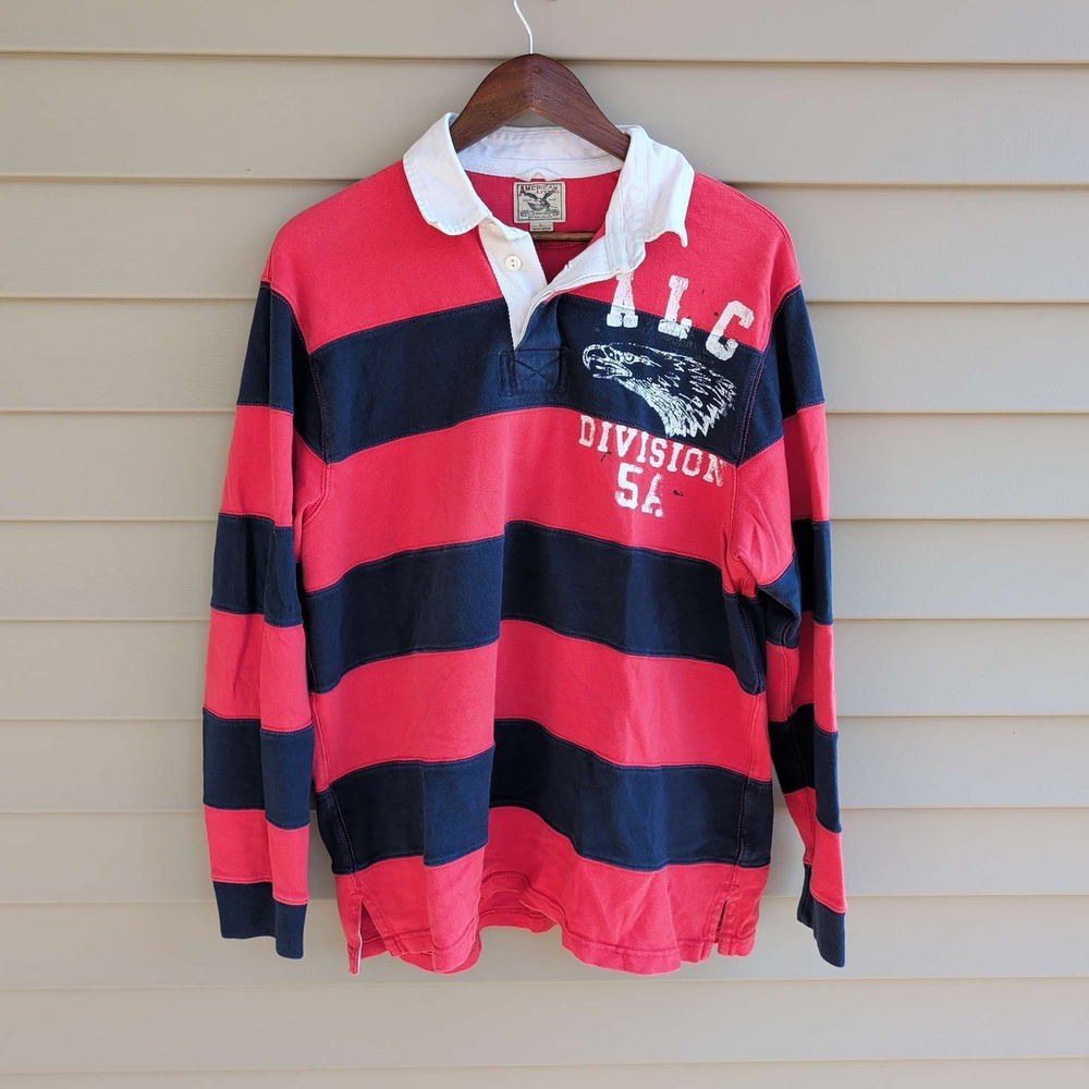 American Living Rugby Shirt Mens Large Red Navy Blue Striped Eagle Graphic